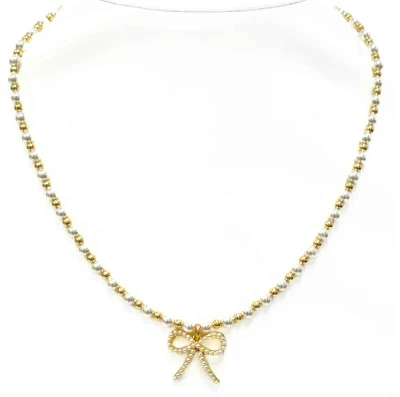 Seasonal Jewelry Clearance – Best Styles At The Lowest Prices "MAY + FWP BOW" Charm Gold Filled & Pearl Beaded Choker