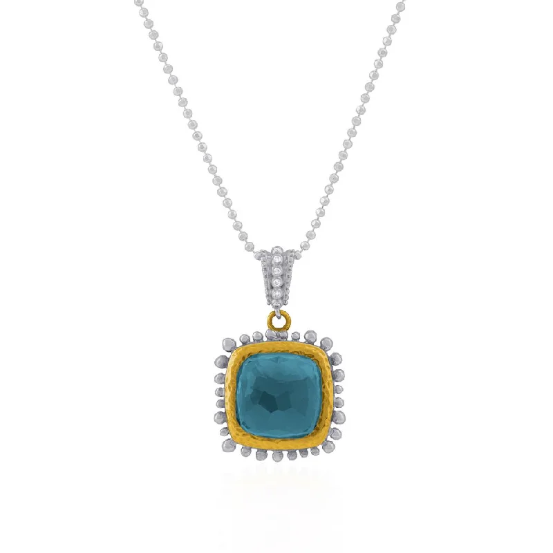 Jewelry Clearance – Final Chance To Save Big Molten 14mm Cushion Pendant w/ Blue Topaz in 18K Yellow Gold & Sterling Silver