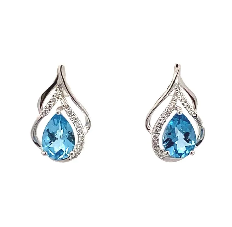 Personalized Engraved Jewelry For Meaningful Gifts 14K White Gold Blue Topaz And Diamonds Earrings