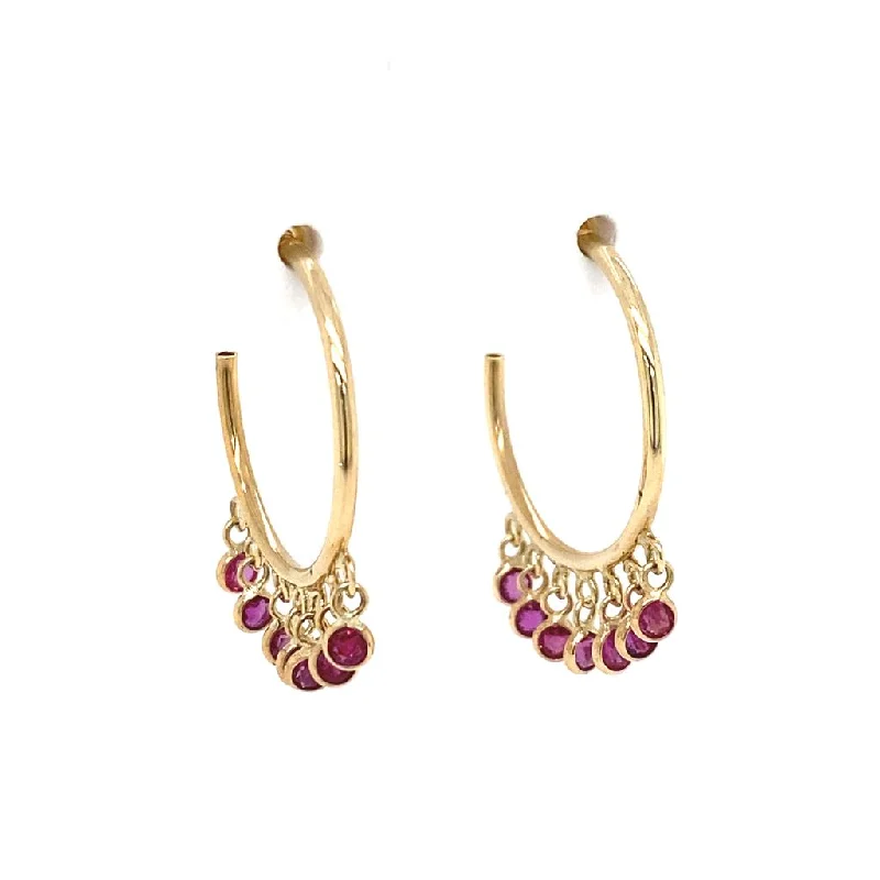 Customized Silver Jewelry For Unique Style 14K Yellow Gold Ruby Droplets Hoop Earrings