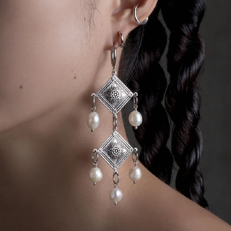 Buy More, Save More On Stunning Jewelry Designs BANQUET. Pearl Chandelier Hoop Earrings - Silver