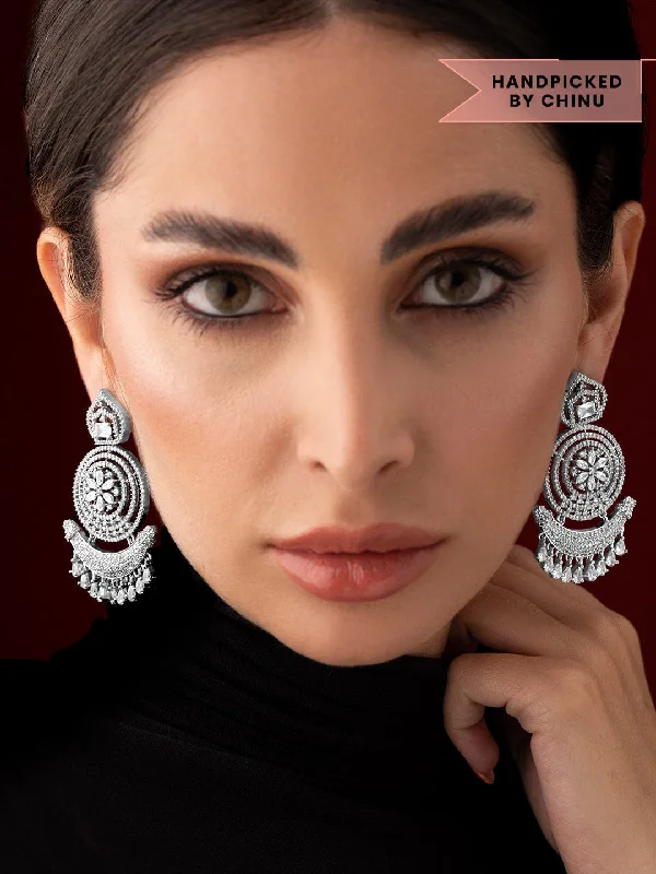 Seasonal Jewelry Sale – Upgrade Your Collection Rubans Silver Plated American Diamond Earrings With Studded Stones.