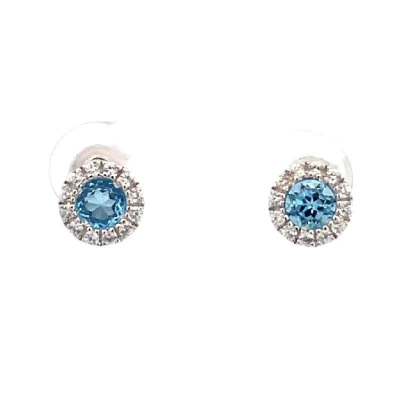 Trending Jewelry Now At Unbeatable Prices December Birthstone Earrings: Sterling Silver Round Swiss Blue Topaz Halo Earrings