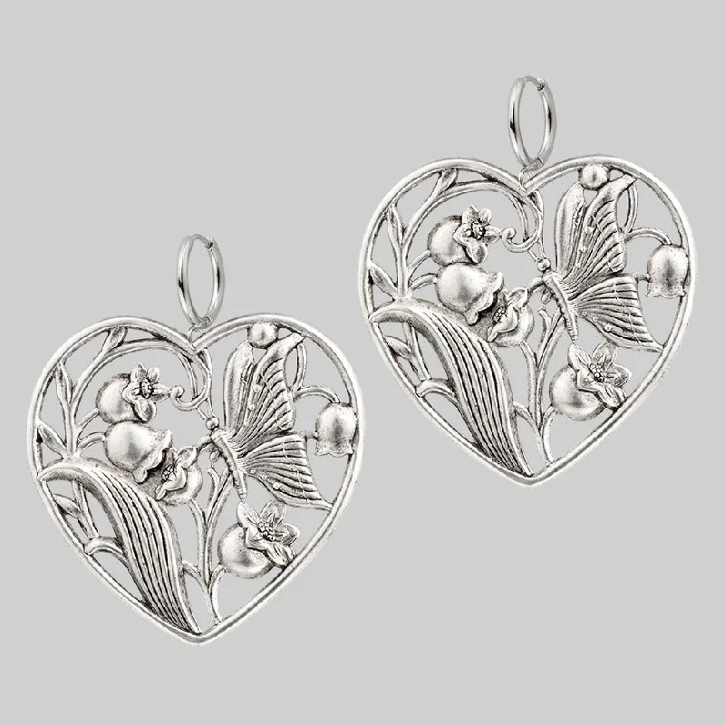 Personalized Engraved Jewelry For Meaningful Gifts EPHEMERA. Blooming Heart Hoop Earrings - Silver Personalized Engraved Jewelry For Meaningful Gifts EPHEMERA. Blooming Heart Hoop Earrings - Silver