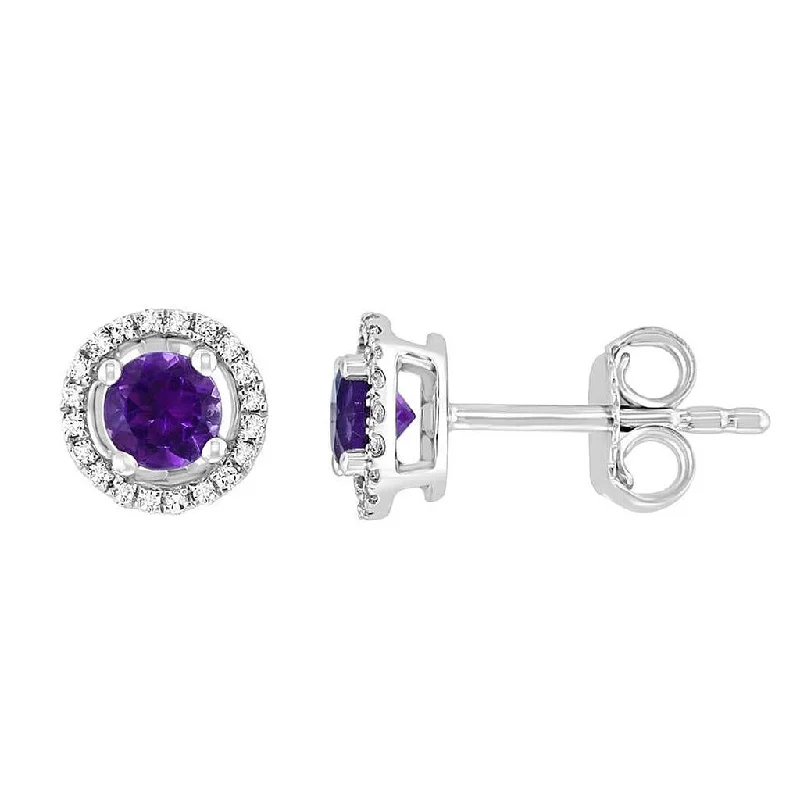 Versatile Layering Jewelry For Effortless Chic February Birthstone Earrings: 14K White Gold Diamond Halo Amethyst Earrings