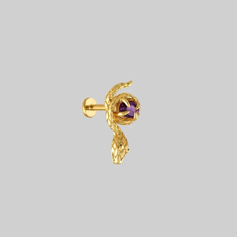 Premium Jewelry Now Available At Special Discounts INSIDIOUS. Amethyst Coiled Snake Stud Earring - Gold