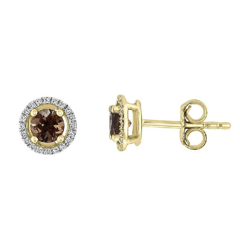 Bohemian-Inspired Jewelry For Free-Spirited Fashion June Birthstone Earrings: 14K Yellow Gold Diamond Halo Smoky Quartz Earrings