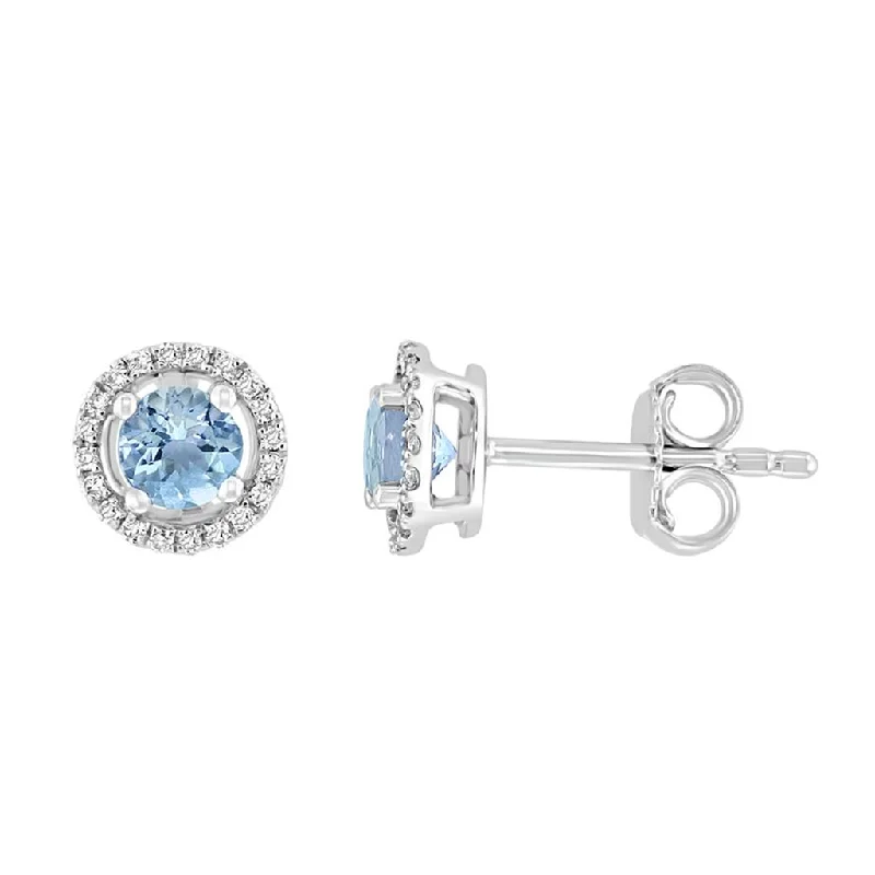 Trendy Minimalist Jewelry For Everyday Wear March Birthstone Earrings: 14K White Gold Diamond Halo Aquamarine Earrings