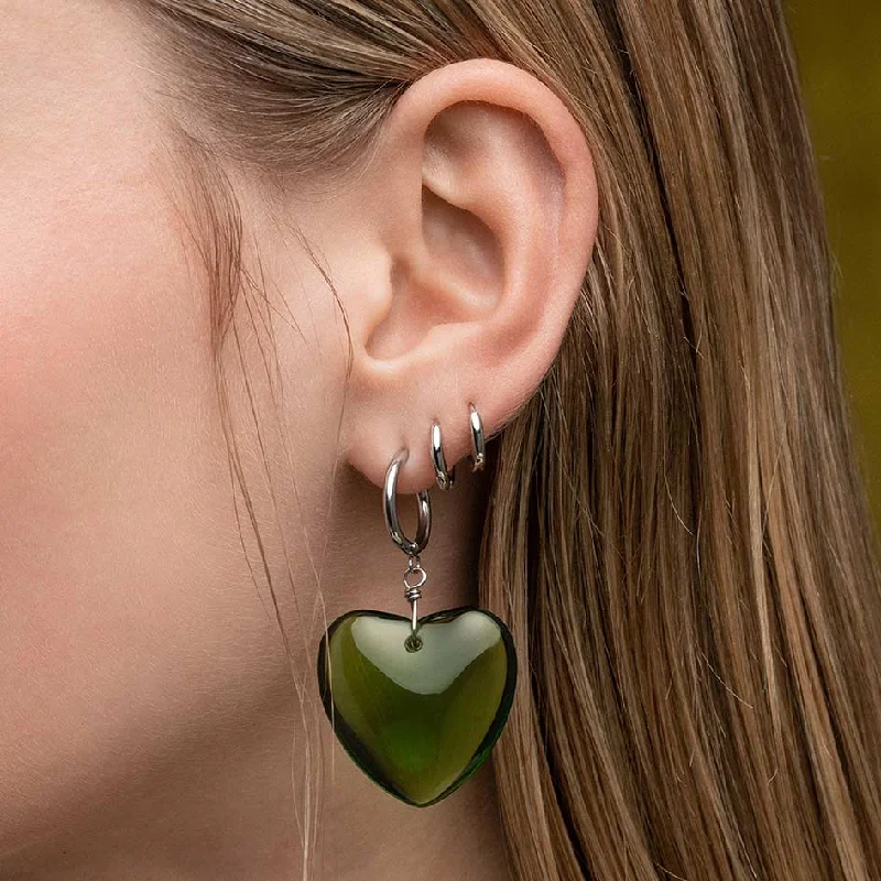 Personalized Jewelry Sale – Unique Gifts At Low Prices MINNA. Large Green Glass Heart Hoop Earrings - Silver
