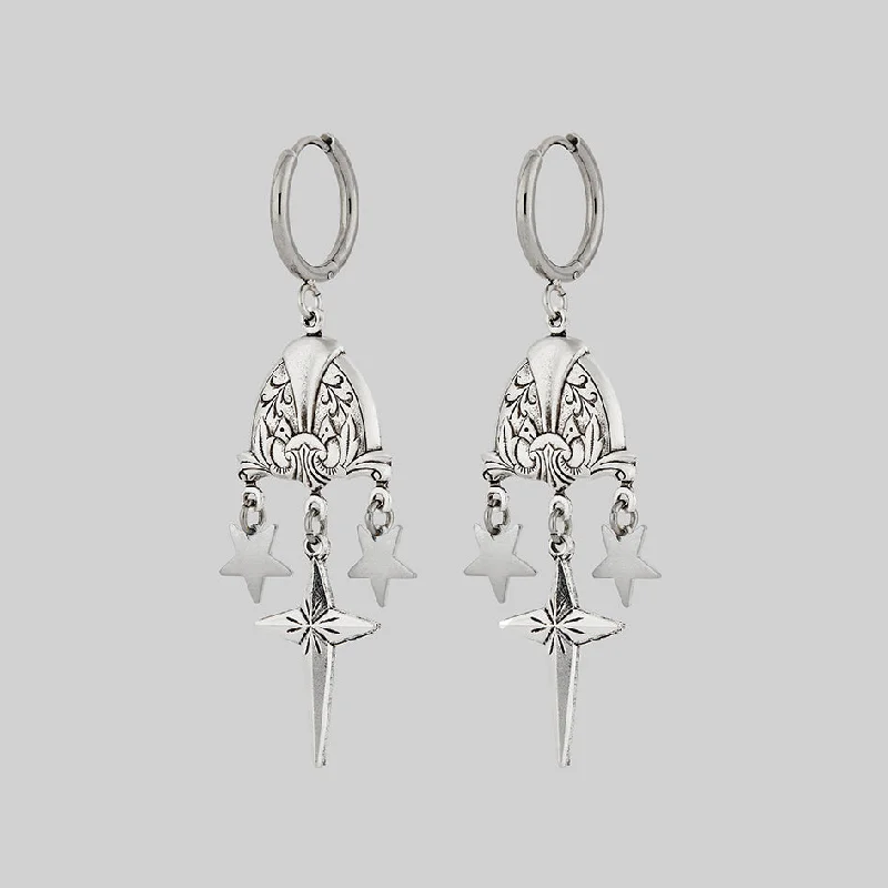 Best Jewelry Sale Prices – Limited-Time Offer MONA. Ornate Shield & Tiny Star Drop Earrings - Silver