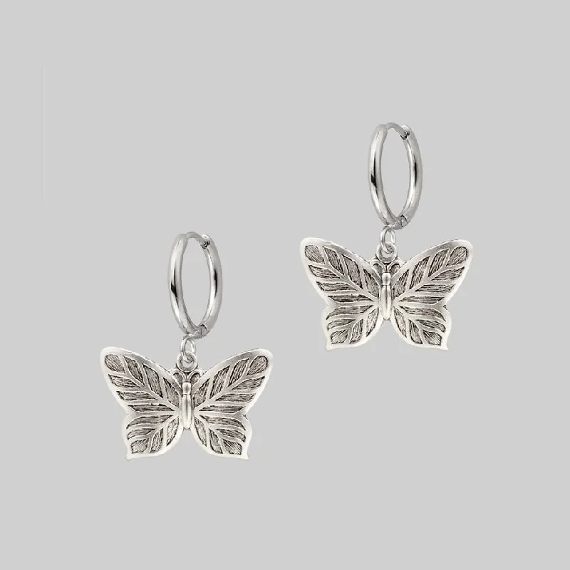 Luxury Handcrafted Jewelry For Elegant Looks NEW DAWN. Butterfly Hoop Earrings - Silver Luxury Handcrafted Jewelry For Elegant Looks NEW DAWN. Butterfly Hoop Earrings - Silver