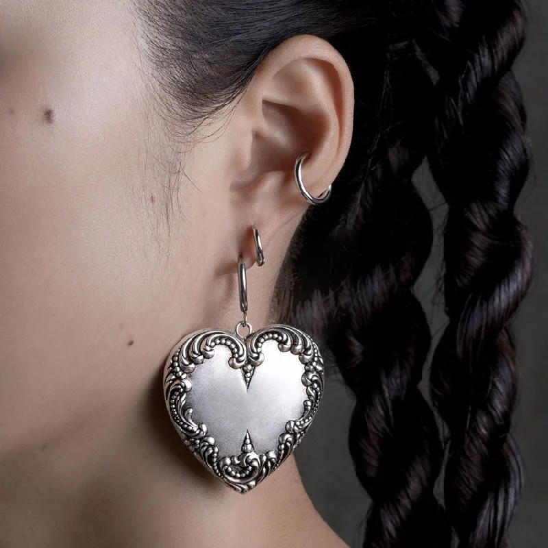 Huge Savings On Timeless Jewelry Collections PORTRAIT. Ornate Heart Hoop Earrings - Silver