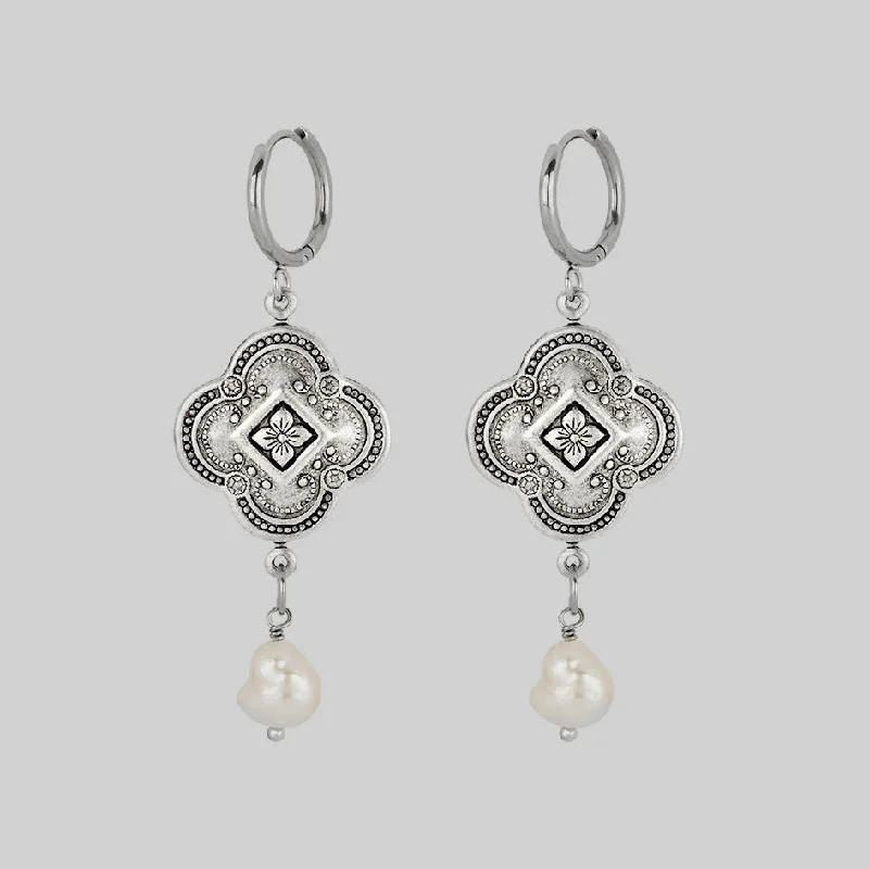Special Deals On Handcrafted And Designer Jewelry REALM. Quatrefoil Pearl Hoop Earrings - Silver