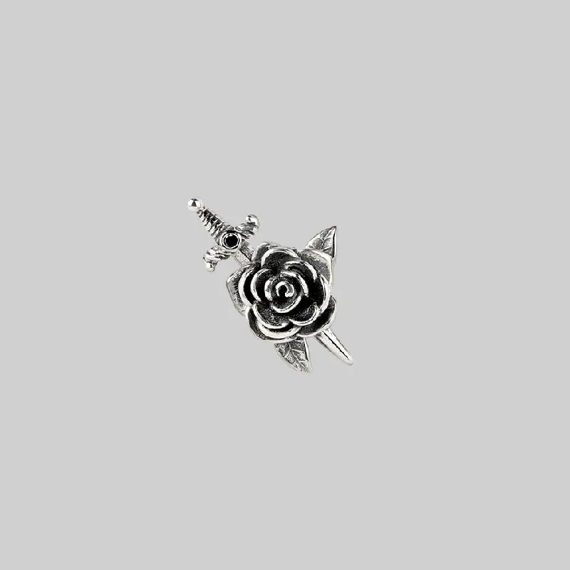 Handcrafted Jewelry Sale – Unique Designs At Low Prices RHAPSODY. Dagger Through Rose Stud Earring - Silver Handcrafted Jewelry Sale – Unique Designs At Low Prices RHAPSODY. Dagger Through Rose Stud Earring - Silver