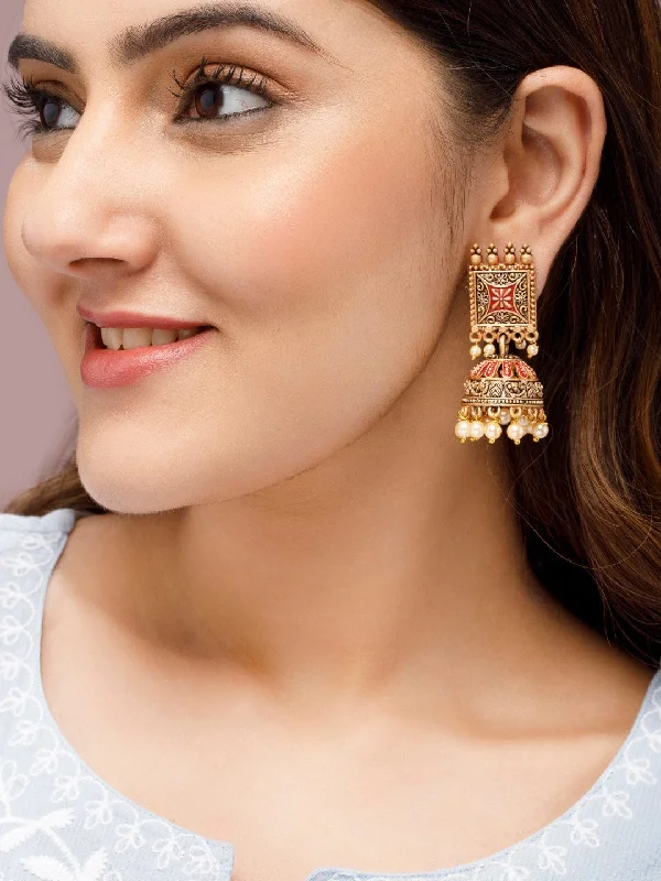 Special Jewelry Deals – Upgrade Your Collection Rubans 24K Gold Plated Enamel Handpainted & White Beaded Filigree Jhumka Earrings