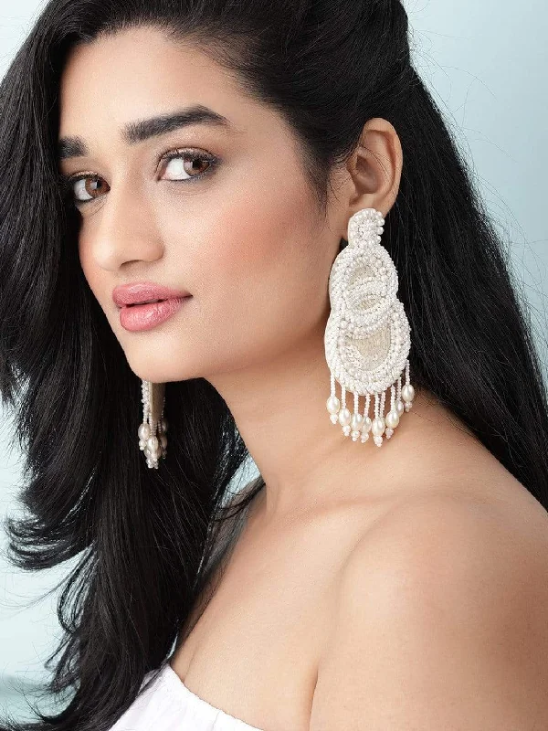 Bohemian-Inspired Jewelry For Free-Spirited Fashion Rubans Fabric White Beads Handmade Chandelier Earrings Bohemian-Inspired Jewelry For Free-Spirited Fashion Rubans Fabric White Beads Handmade Chandelier Earrings