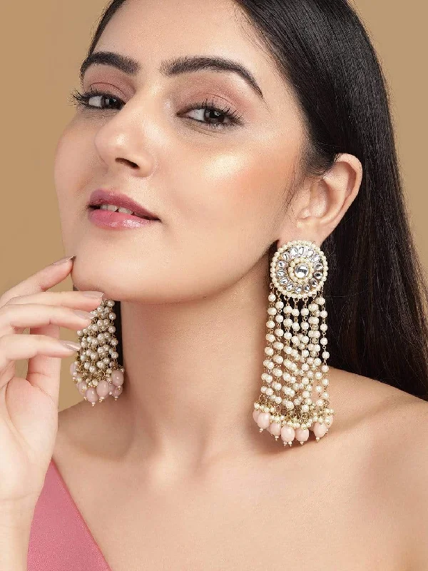 Luxury Jewelry Without The Luxury Price Tag Rubans Gold Plated Handcrafted Kundan & Pink Beads Drop Earrings Luxury Jewelry Without The Luxury Price Tag Rubans Gold Plated Handcrafted Kundan & Pink Beads Drop Earrings