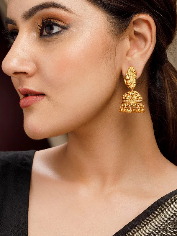 Bestselling Jewelry Now On Sale – Elevate Your Look Rubans Gold Plated Handcrafted Peacock Shaped Ghungroo Jhumka Earrings.