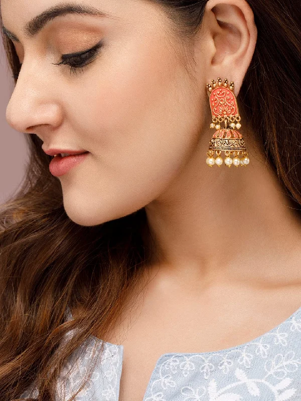 Affordable Luxury Jewelry For Every Occasion Rubans Gold-Toned & Red Enamelled Dome Shaped Pearl Jhumkas