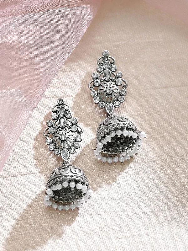 Shop Stylish Jewelry Now And Save Big Rubans Handcrafted Oxidized Jhamka Earrings With White Stones and Pearls Shop Stylish Jewelry Now And Save Big Rubans Handcrafted Oxidized Jhamka Earrings With White Stones and Pearls