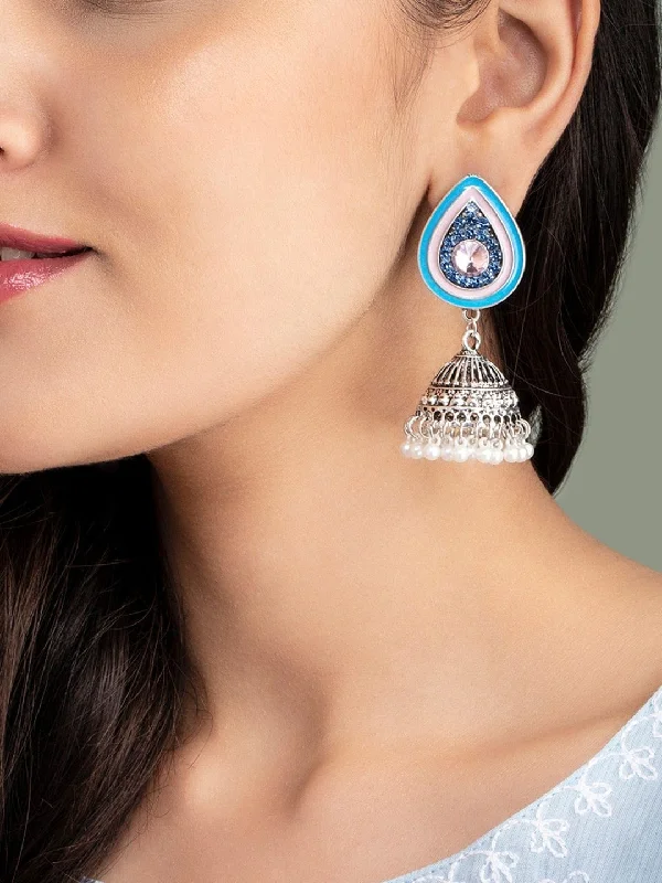Shop Handcrafted Jewelry At Special Promotional Rates Rubans Oxidised blue and pink enameled jhumka earring.