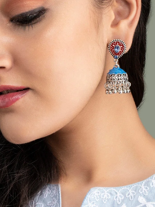 Breathtaking Jewelry At Limited-Time Savings Rubans Oxidised red and blue enameled jhumka earring.