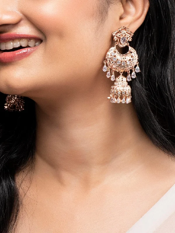 Jewelry Clearance – Final Chance To Save Big Rubans Rose Gold Plated Stone Hanging Jhumka Earrings.