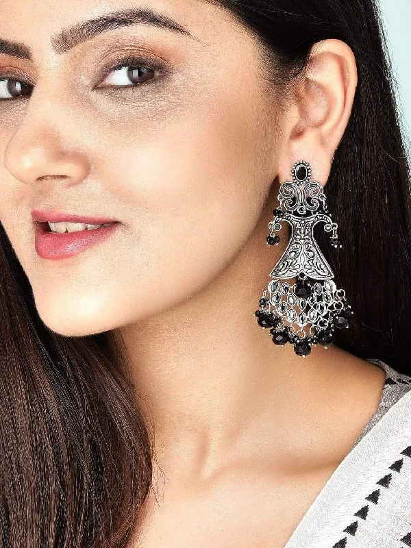 Grab Your Favorite Jewelry At The Lowest Prices Rubans Silver Plated Black Stone Studded Earrings With Black Beads Grab Your Favorite Jewelry At The Lowest Prices Rubans Silver Plated Black Stone Studded Earrings With Black Beads