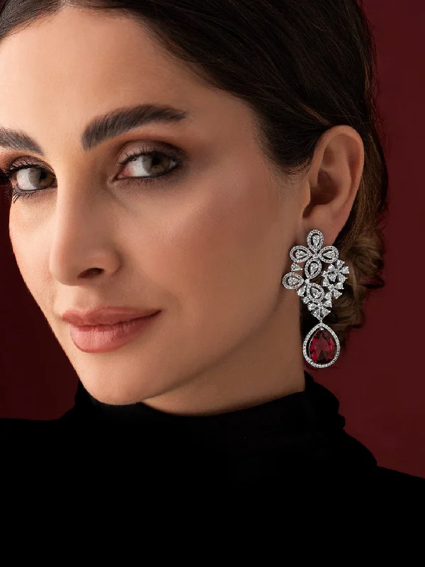 Limited-Time Offer On Premium Jewelry Collections Rubans silver plated earrings with studded american diamonds and red stones.
