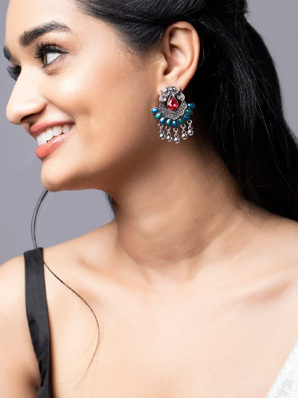 Limited-Time Offer On Elegant Jewelry Pieces Rubans Silver Toned Green-Blue and Red Chandbalis