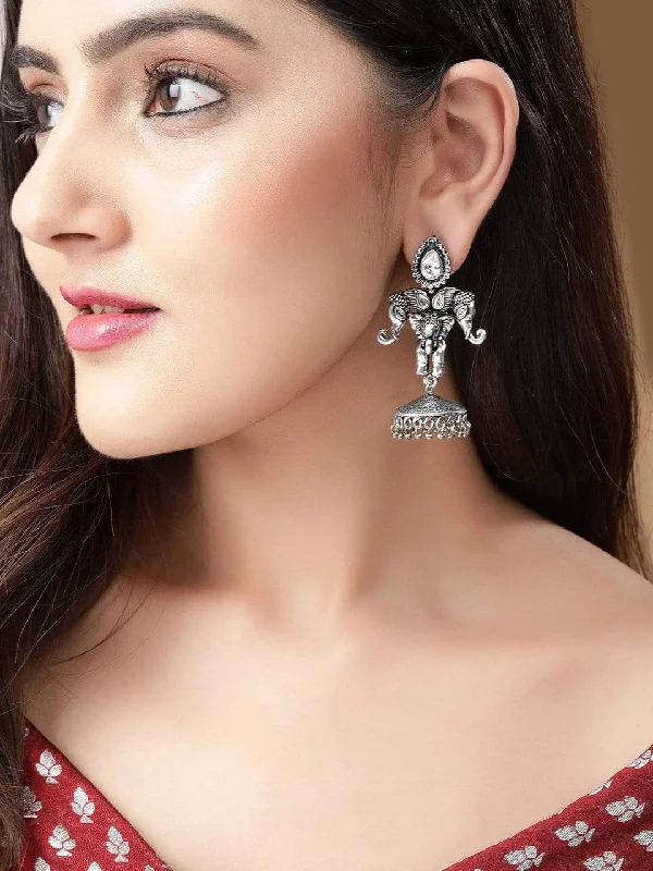 Unmissable Discounts On Timeless Jewelry Pieces Rubans Traditional Oxidized Jhumkas With White Stone Studded