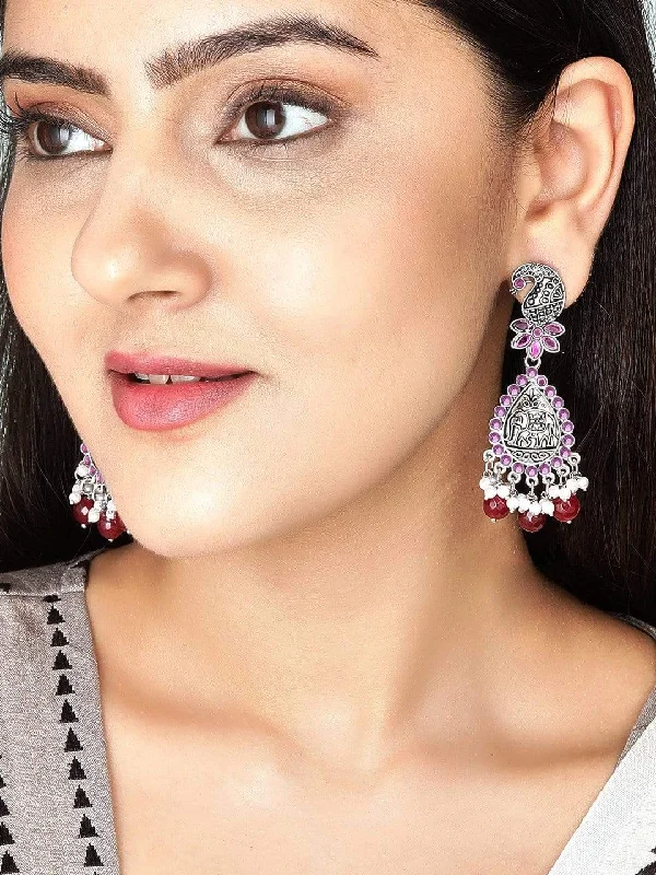 Limited-Stock Jewelry Sale – Once It's Gone, It's Gone Rubans Traditional Silver Plated Pink Stone Studded Drop Earrings With Red Beads Limited-Stock Jewelry Sale – Once It's Gone, It's Gone Rubans Traditional Silver Plated Pink Stone Studded Drop Earrings With Red Beads