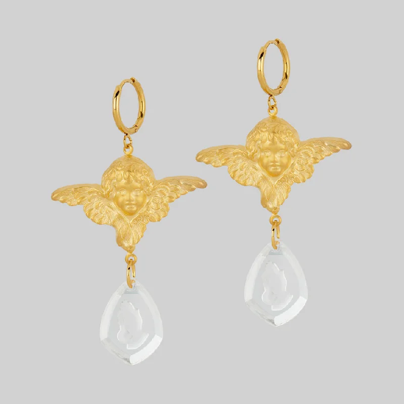 Discounted Luxury Jewelry – Shine Without The Splurge SANCTITY. Cherub & Praying Hands Glass Hoop Earrings - Gold