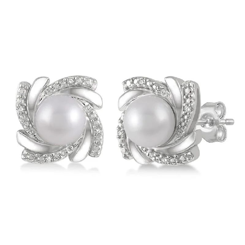 Premium Diamond Jewelry At Once-In-A-Lifetime Discounts Sterling Silver Swirl Round Pearl And Diamond Earrings