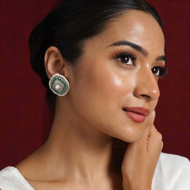 Discover Unique Jewelry With Special Limited-Time Offers Teejh Rudrama Silver Oxidised Green Stud