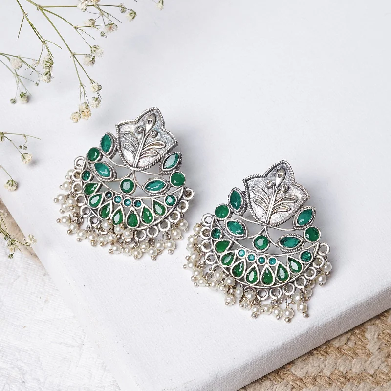 Affordable Glamour – Premium Jewelry For Less Teejh Nimrat Green Stone Silver Oxidised Earrings