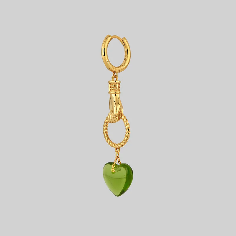 Dazzle In Elegance With Our Biggest Jewelry Sale UNITE. Hand Grasping Green Glass Heart Earrings - Gold