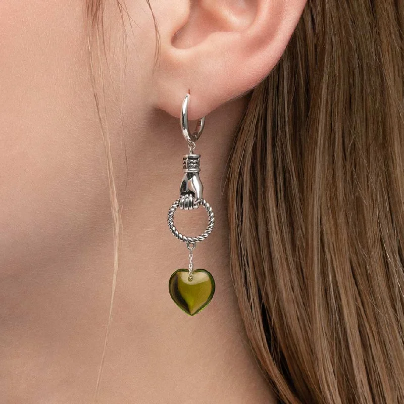 Jewelry Flash Sale – Stylish Designs At Unbeatable Rates UNITE. Hand Grasping Green Glass Heart Earrings - Silver