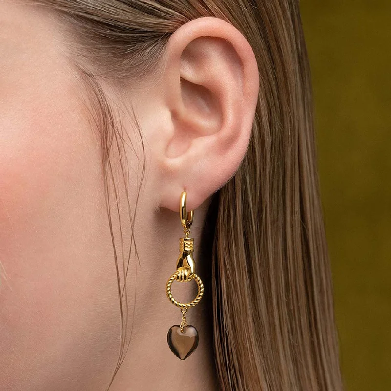Don't Miss Out On Bestselling Jewelry At Special Prices UNITE. Hand Grasping Smoke-Black Glass Heart Earrings - Gold