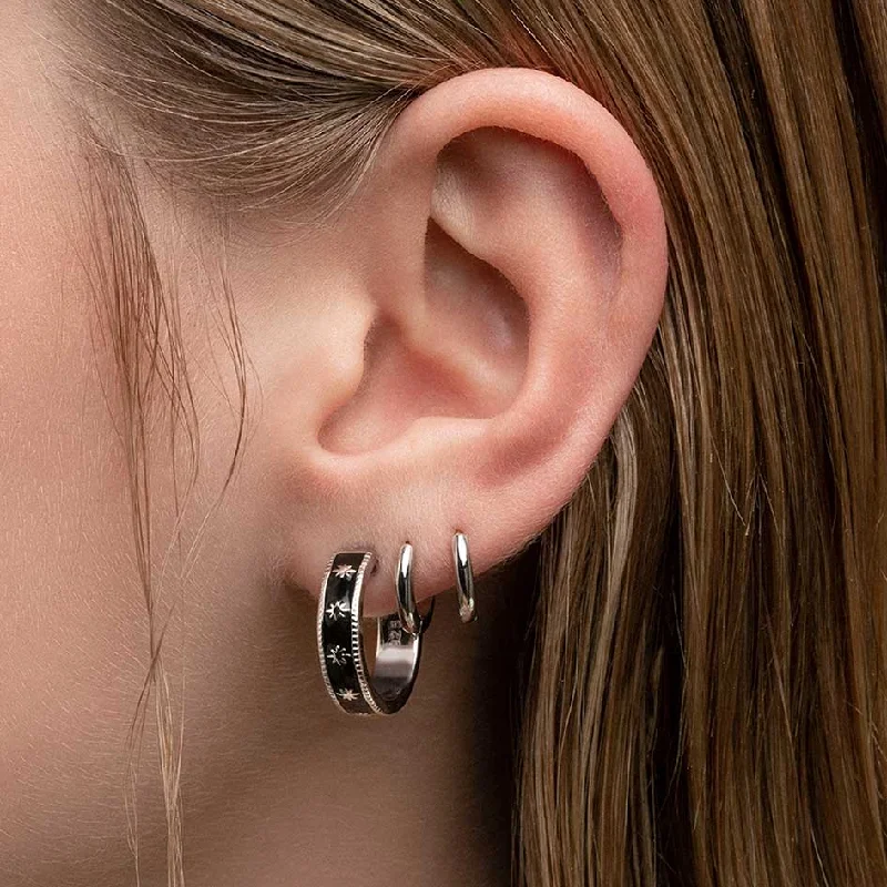 Your Perfect Accessory Now At The Best Price VYVIAN. Tiny Stars Black Enamel Hoop Earrings - Silver