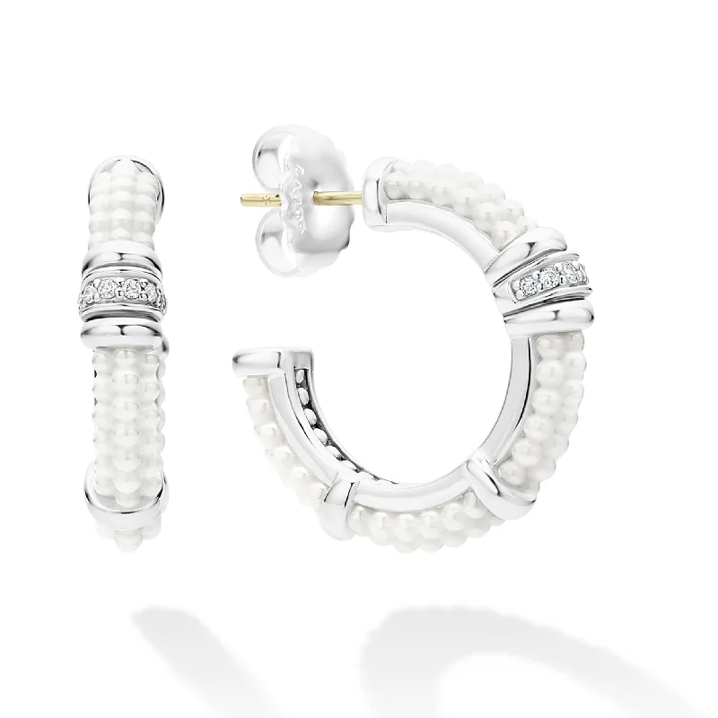 Shop Fine Jewelry With Amazing Deals White Caviar Ceramic and Diamond Hoop Earrings