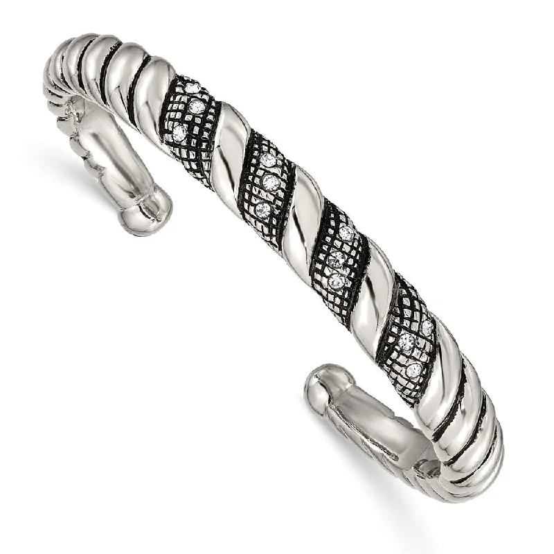 Flash Sale On Exquisite Jewelry – Don't Miss Out 10mm Stainless Steel & Crystal Antiqued & Polished Cuff Bracelet