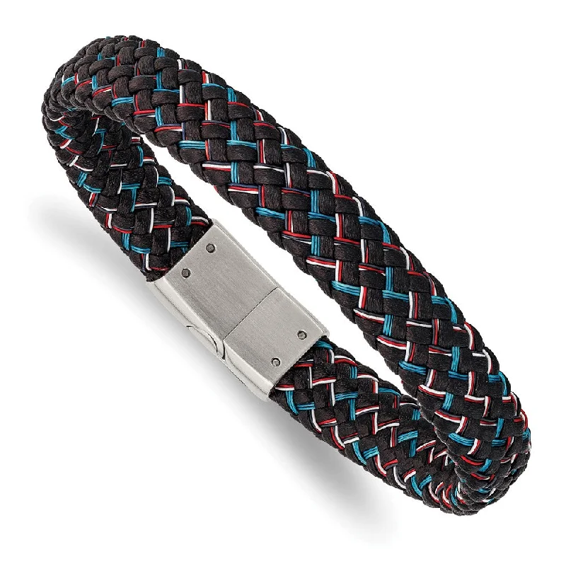 Limited-Stock Jewelry Sale – Shop Before It's Gone 12mm Stainless Steel Black Leather Multicolor Wire Bracelet, 8.25 Inch