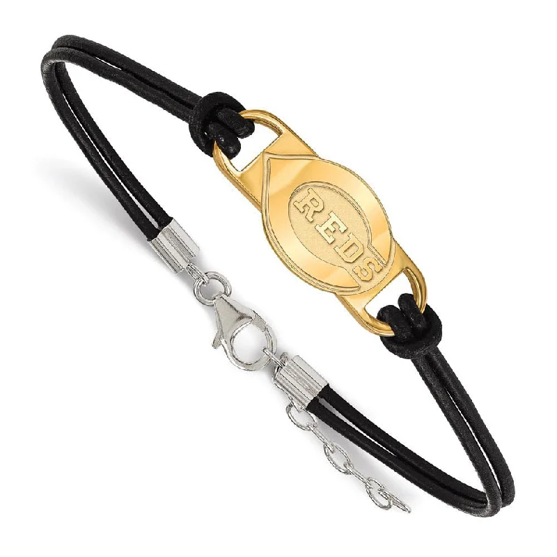 Timeless Jewelry Styles At Wallet-Friendly Prices 14K Yellow Gold Plated S.S. MLB Cincinnati Reds Leather Bracelet, 7 In