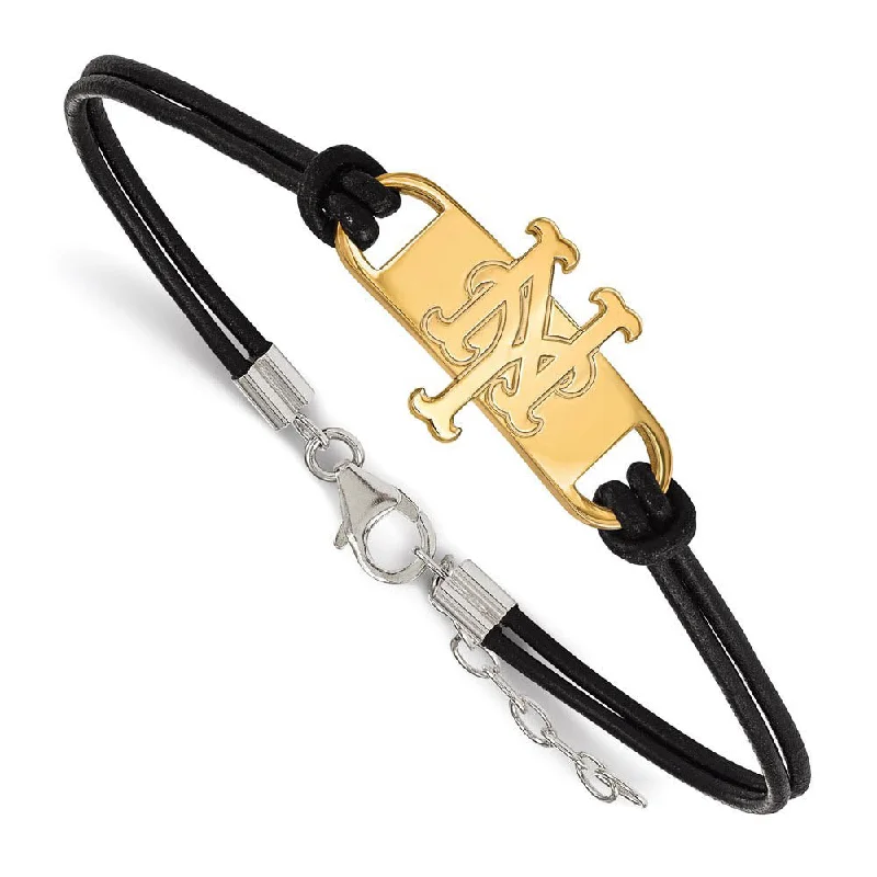 Get The Sparkle You Love At Prices You Adore 14K Yellow Gold Plated S.S. MLB New York Mets Leather Bracelet, 7 In