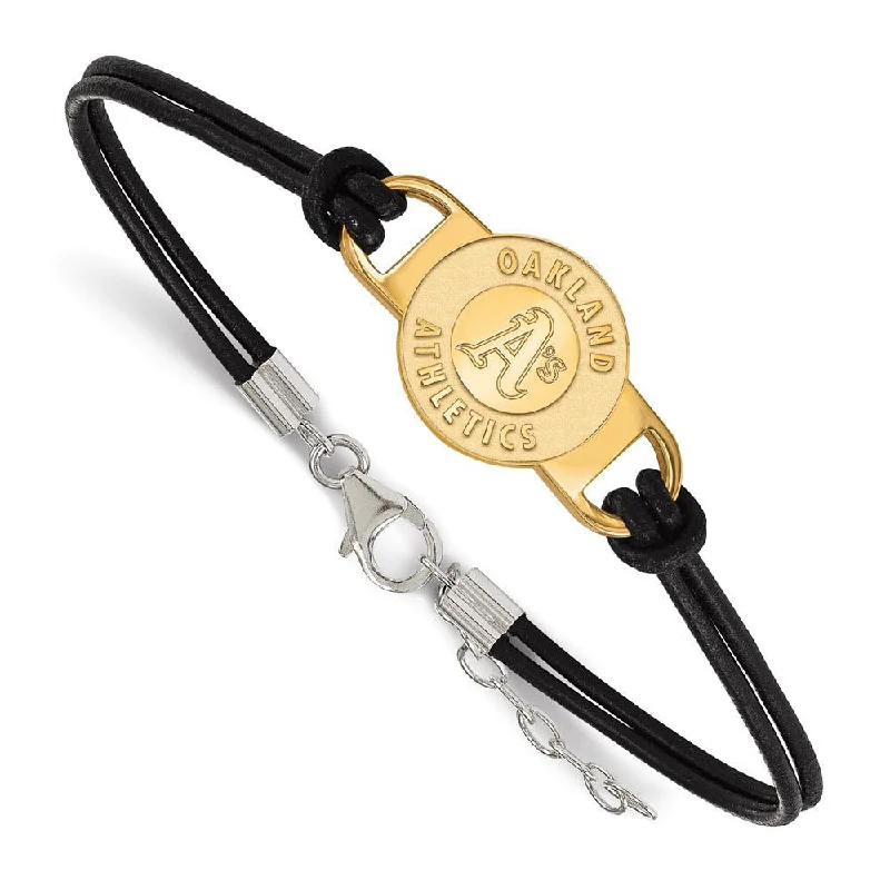 Chic And Stylish Jewelry At Discounted Prices 14K Yellow Gold Plated SS MLB Oakland Athletics Leather Bracelet, 7 In