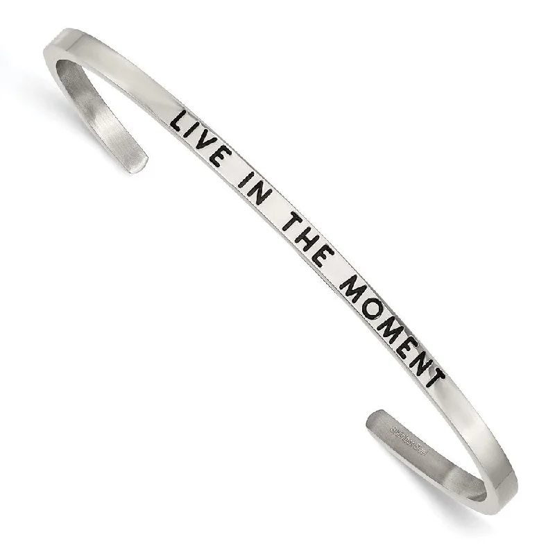 Shine Without Limits – Jewelry Sale Happening Now 3mm Stainless Steel Enamel & Crystal LIVE IN THE MOMENT Cuff Bracelet