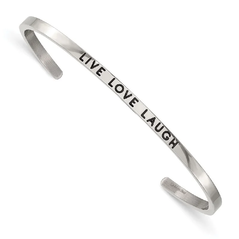 Personalized Engraved Jewelry For Meaningful Gifts 3mm Stainless Steel Enamel & Crystal LIVE LOVE LAUGH Cuff Bracelet