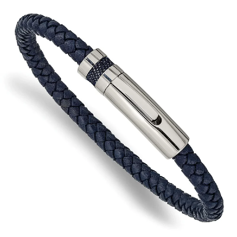 Huge Savings On Premium Jewelry Styles 5mm Stainless Steel & Blue Leather Braided Bracelet, 8.25 Inch