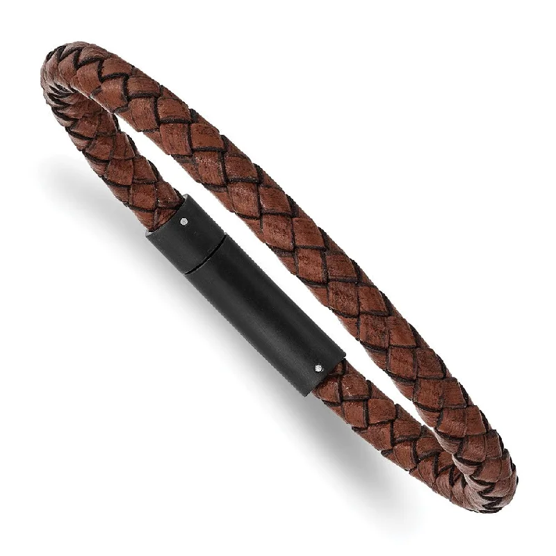 Affordable Luxury Jewelry – Style At A Great Price 6mm Black Plated Stainless Steel & Brown Leather Bracelet, 8.25 Inch